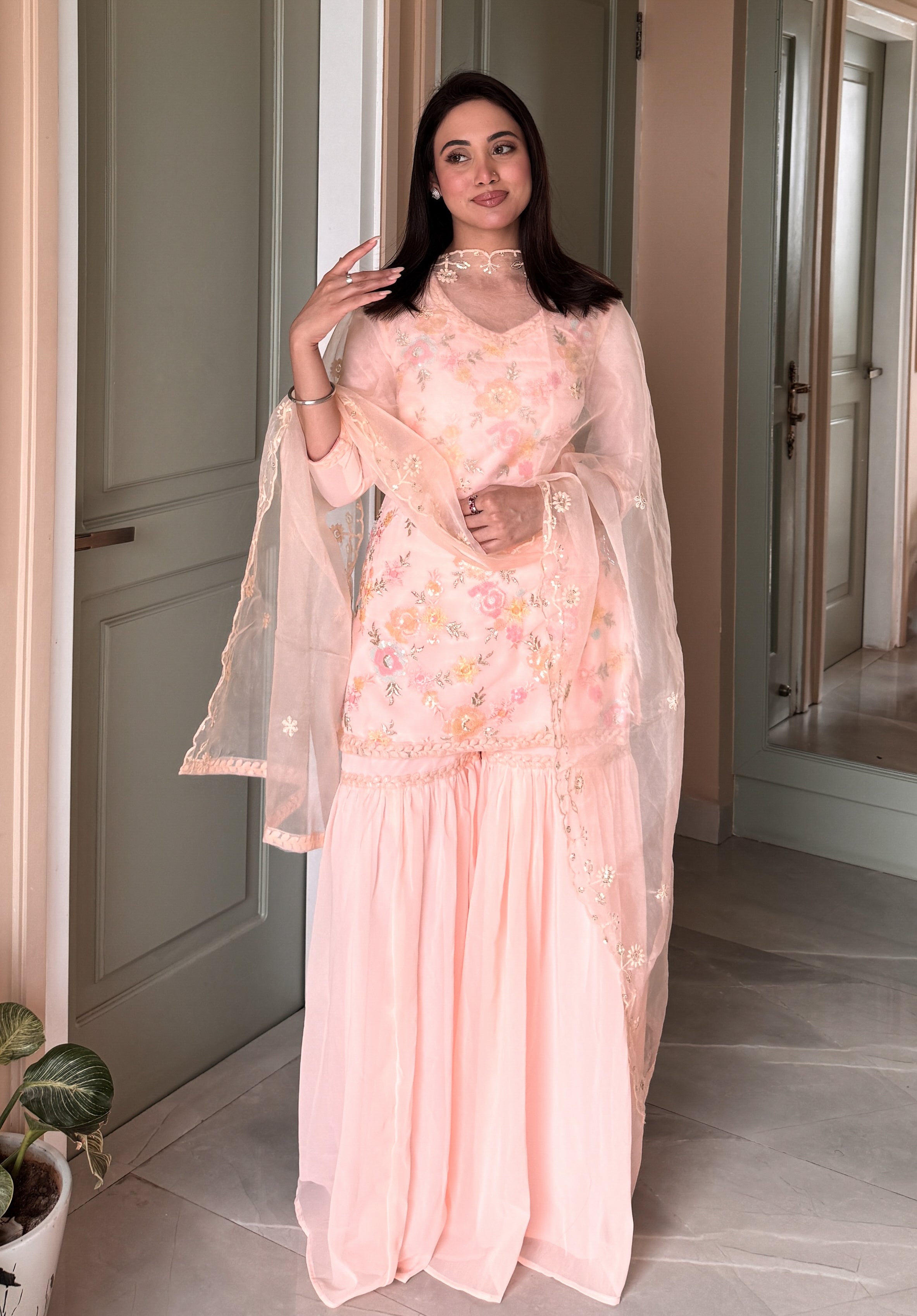 Peach Sequinwork Embroidered Sharara Set